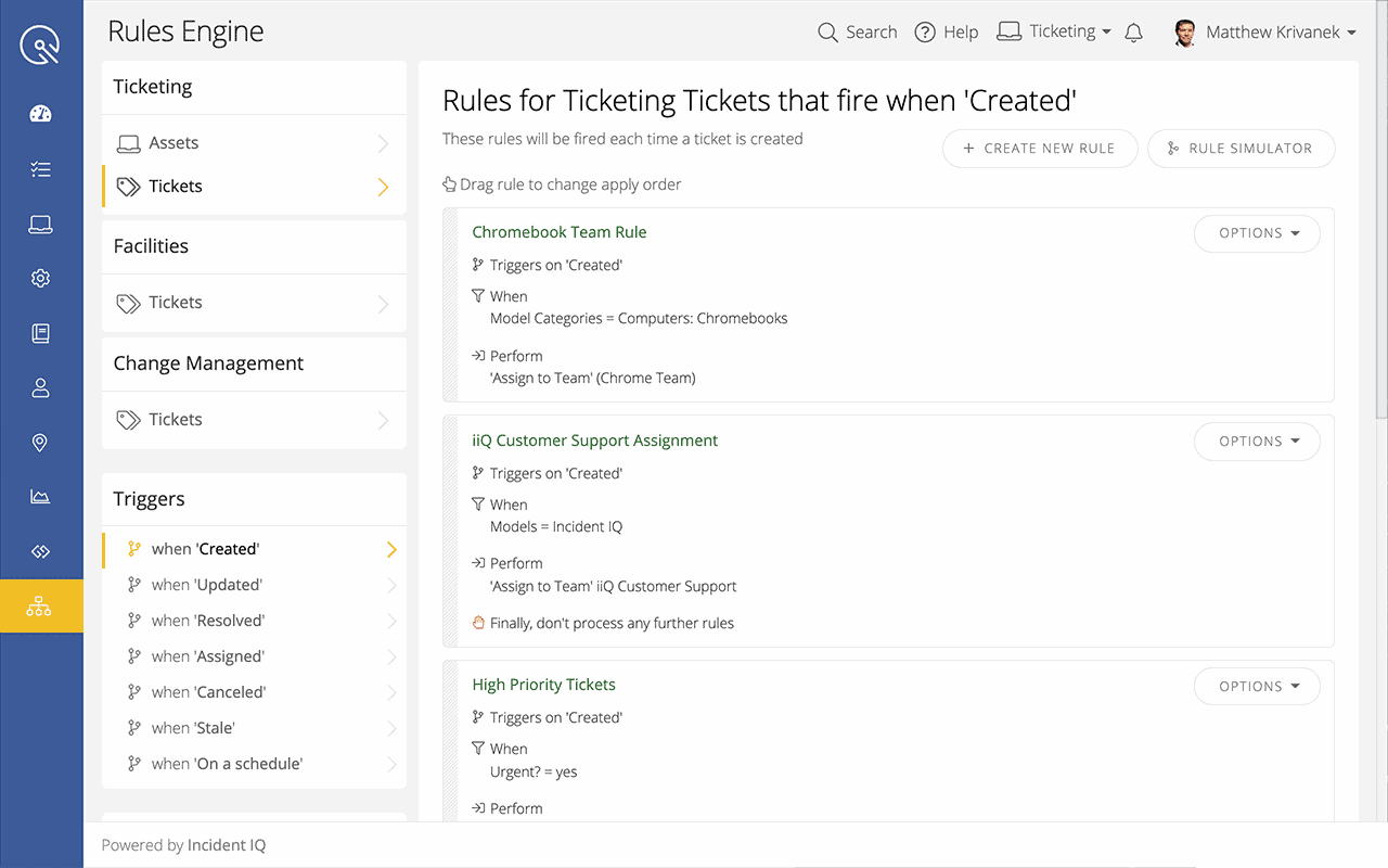 Screenshot of Incident IQ's Rules Engine for Ticket Firing routing