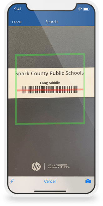 A smartphone screen displays a barcode scanning app. The text reads "Spark County Public Schools" and "Long Middle," with a barcode below. The HP logo is at the bottom.