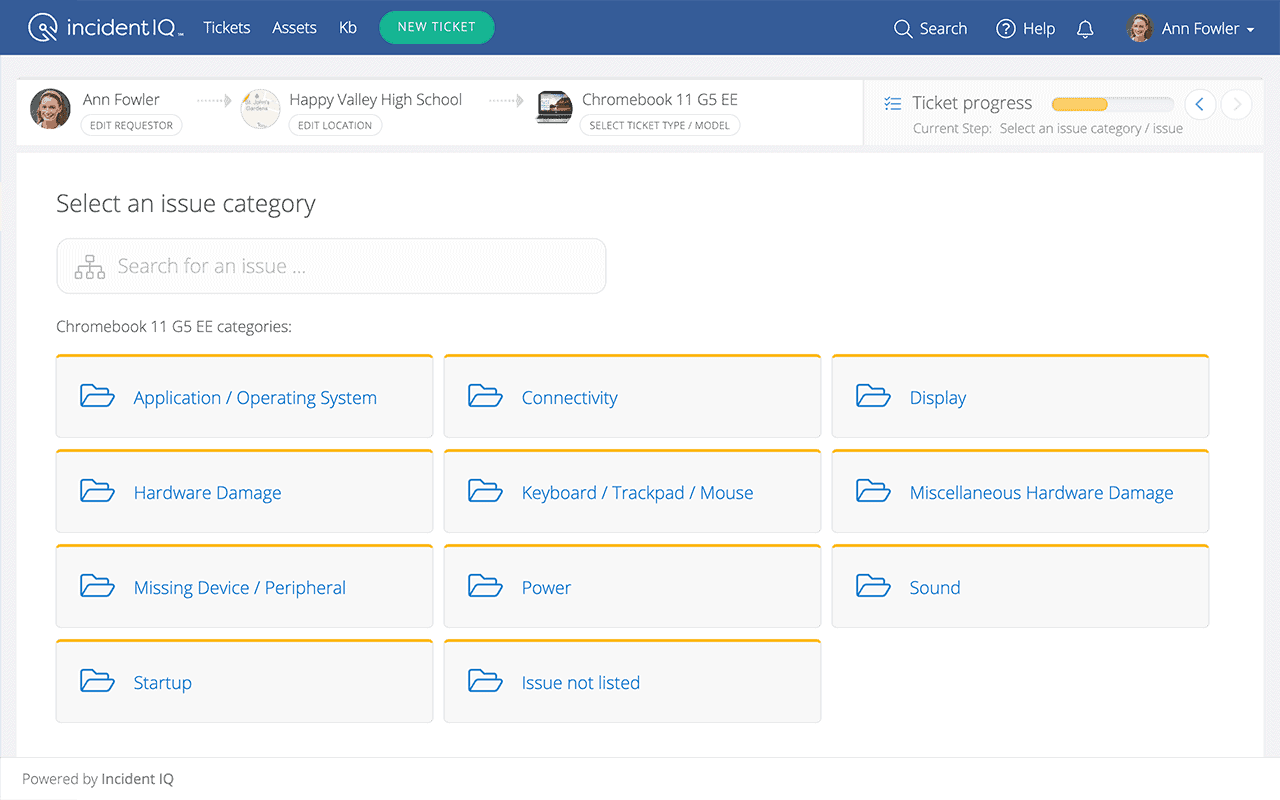 Interface displaying a ticket system. Users select an issue category for a Chromebook 11 G5 EE from options like "Application/Operating System" and "Display." Ann Fowler, the requester, is visible.