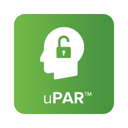 A white silhouette of a head features an open padlock inside, set against a green background. Below, text reads "uPAR™."