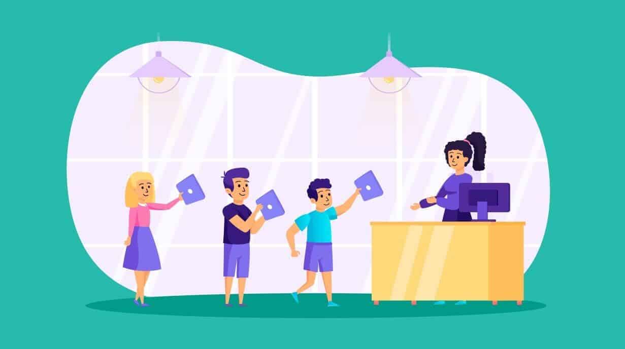 Cartoon image of a line of students returning school devices to teacher