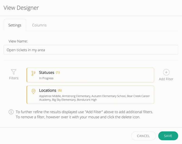 Screenshot of Incident IQ's View Designer feature that allows to filter by ticket status and location