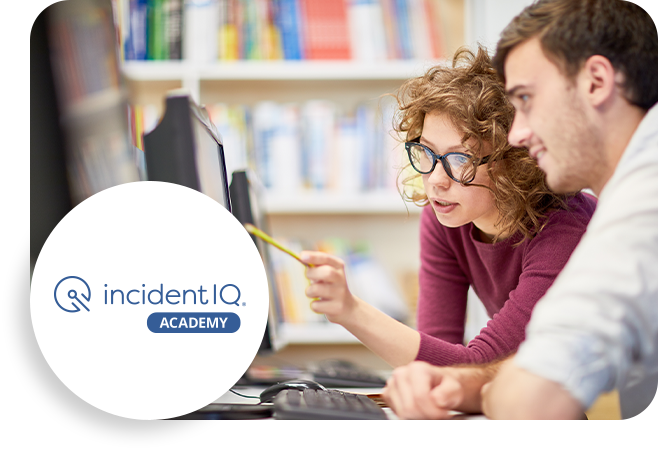 Image of a woman instructing a peer in the school environment with pop out image of Incident IQ Academy logo