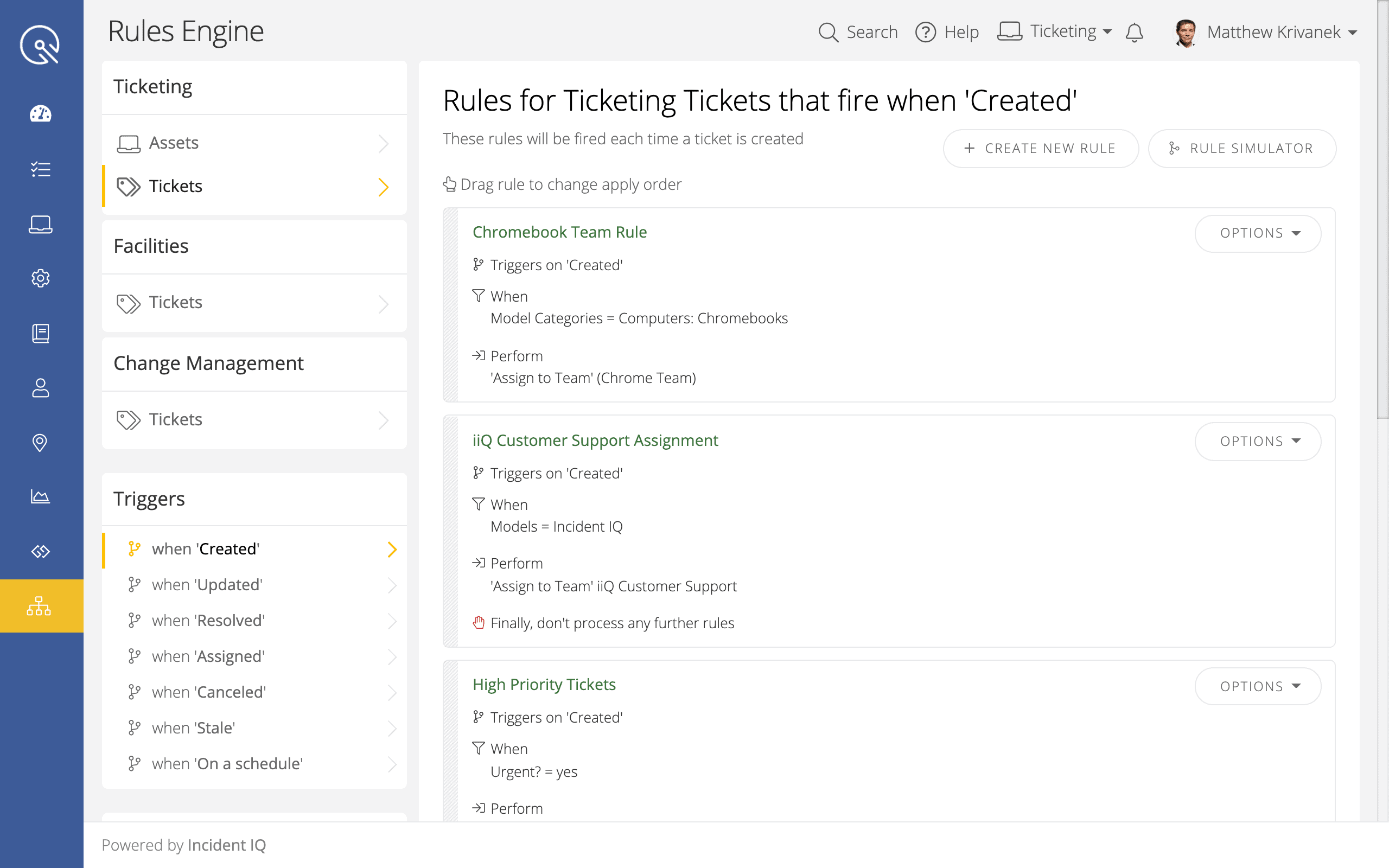 Screenshot of Incident IQ's Rules Engine for Ticket Firing routing