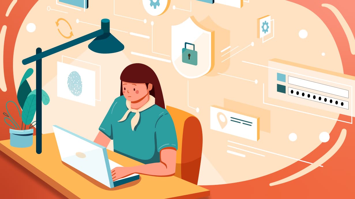 A person works on a laptop at a desk under a lamp. Digital security icons, like locks and passwords, are depicted in the background, indicating a focus on cybersecurity.
