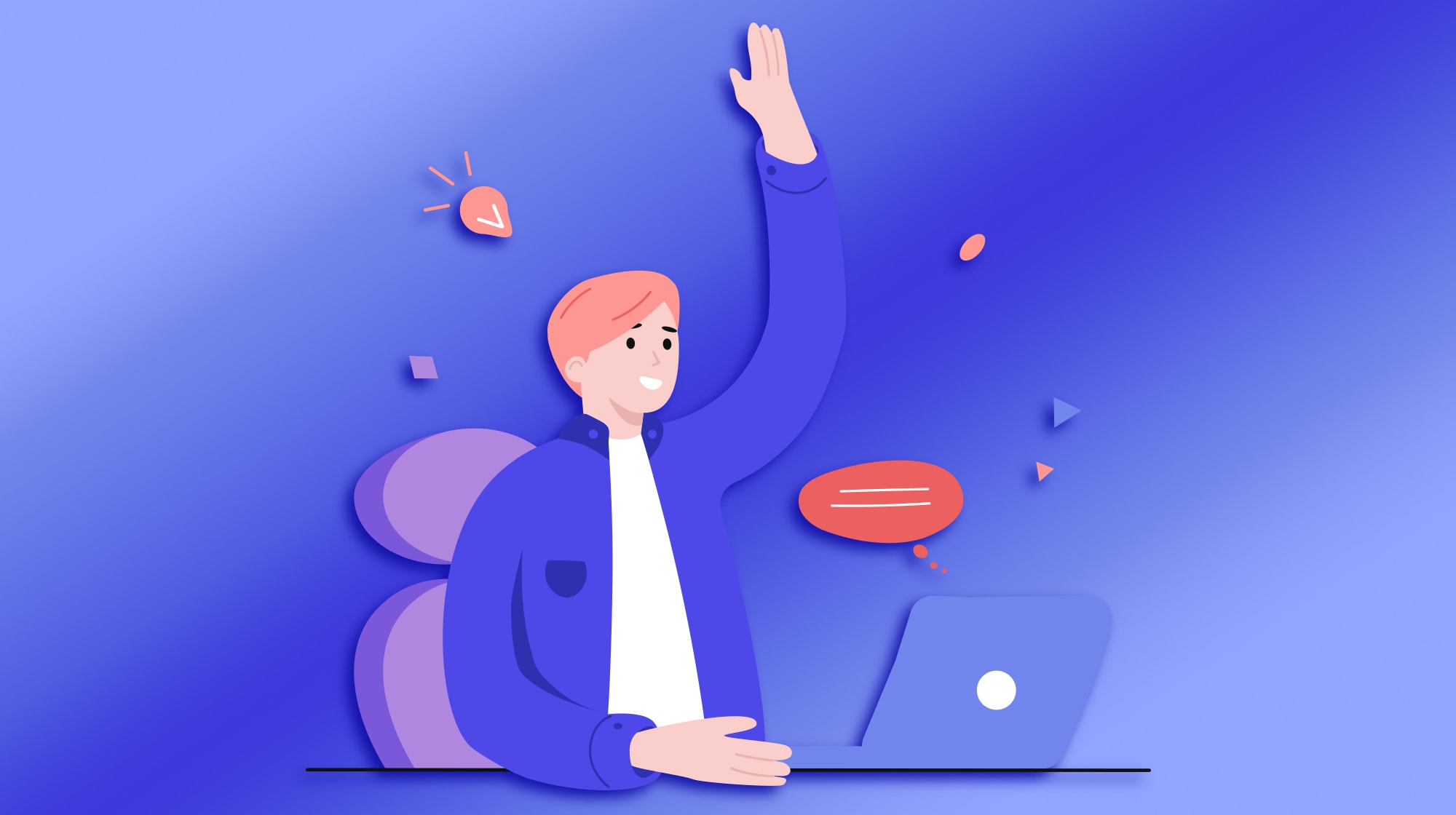 A cartoon person is sitting at a desk, raising one hand, while looking at a laptop. The background is blue with abstract shapes and a speech bubble nearby.