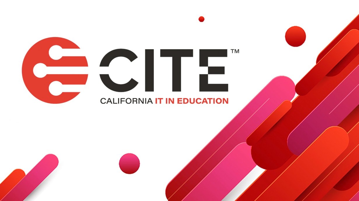 A logo featuring the text "CITE™ CALIFORNIA IT IN EDUCATION" with a red and white circular emblem on the left. The background contains red and pink diagonal lines and dots.