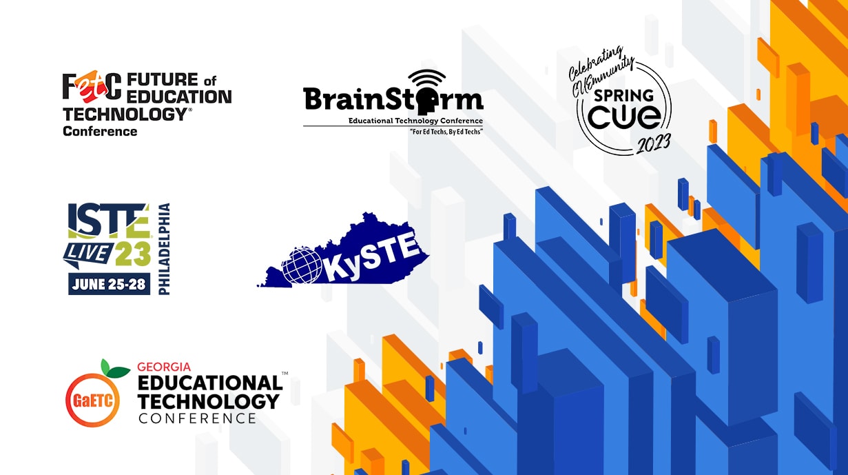 Logos of various educational technology conferences, including FETC, ISTE Live 23, BrainStorm, KySTE, Spring CUE 2023, and GaETC, alongside colorful geometric shapes in a digital style.