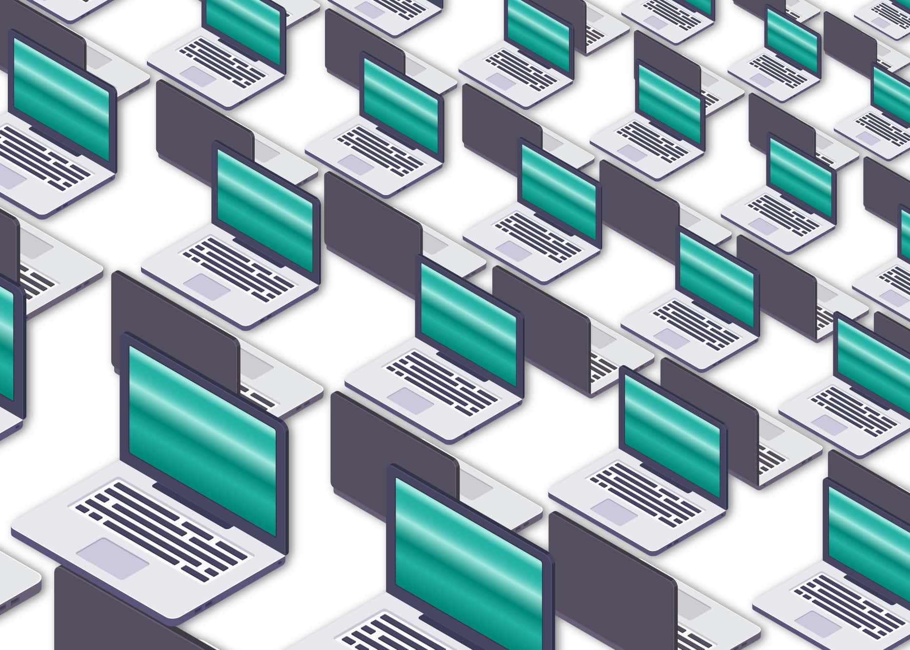 Dozens of laptops lined up into the horizon with a teal angle laying over them.