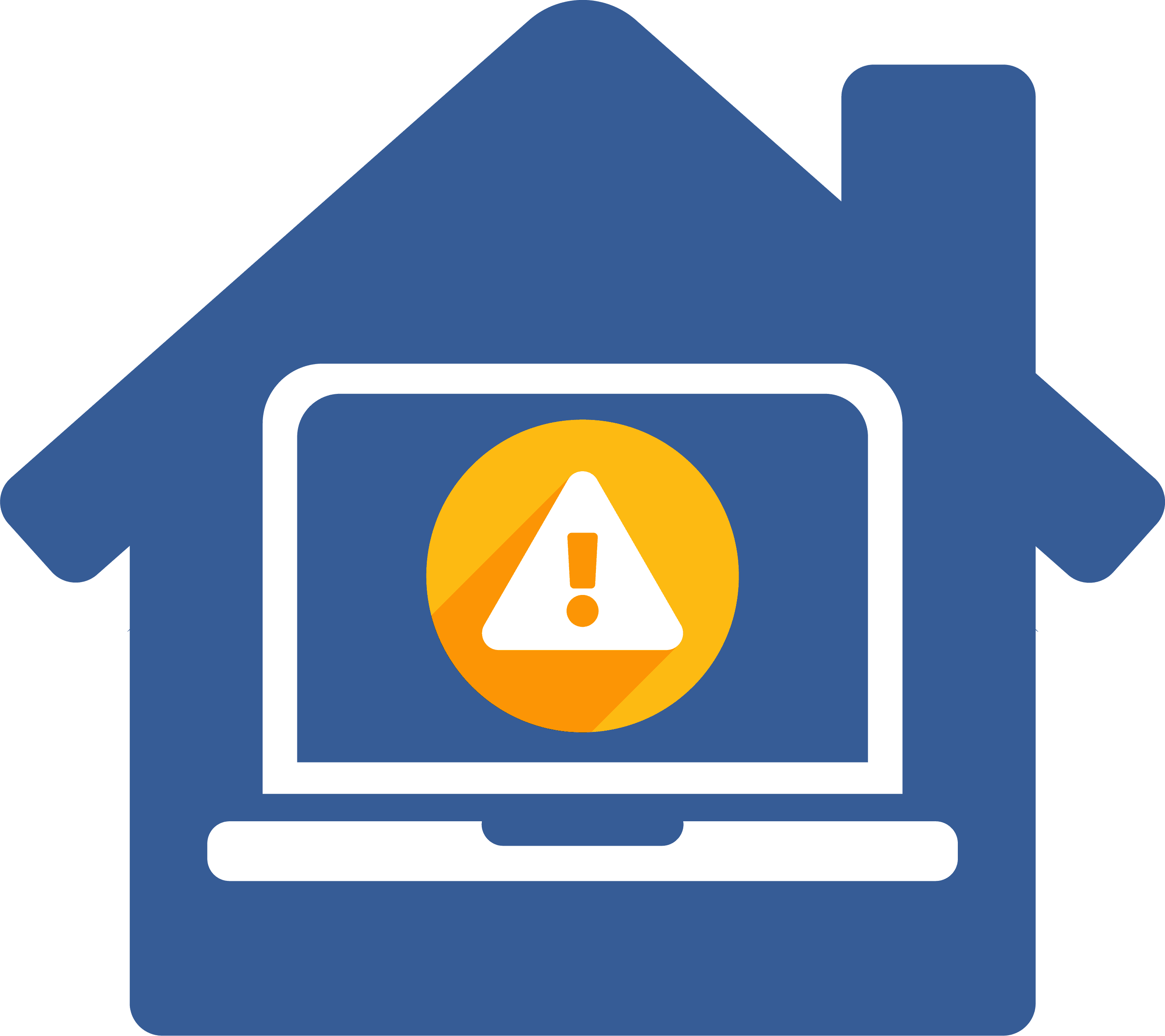 Laptop icon with "Warning" sign inside of a house icon