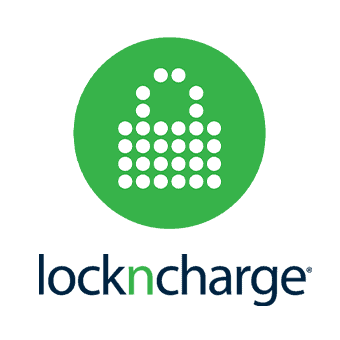 A green circle contains a pixelated lock icon made of white dots; below, the text "lockncharge" is displayed, with "n" in green and other letters in black, on a white background.
