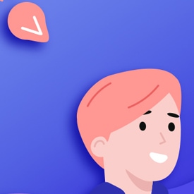 A cartoon person with pink hair is smiling, positioned against a blue background. A pink speech bubble containing a white down arrow hovers near the top left corner.