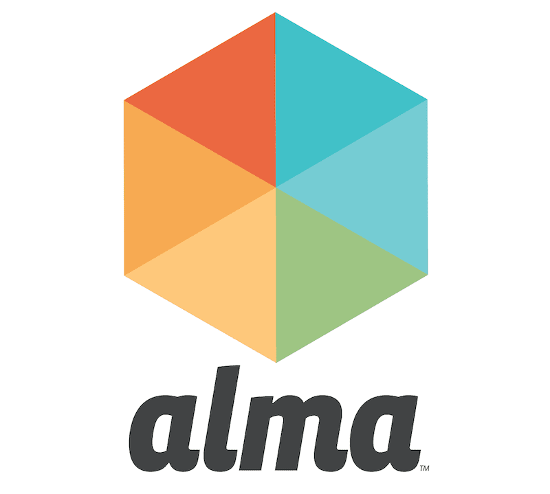 A hexagonal cube displays six colored triangular segments (orange, yellow, blue, green), above the word "alma" in bold, stylized lowercase font on a white background.