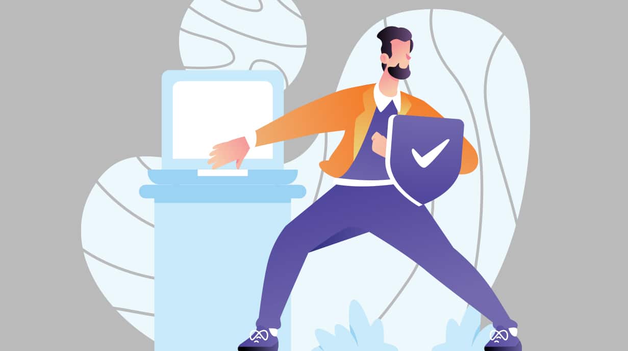 Illustration of man holding shield protecting a laptop.