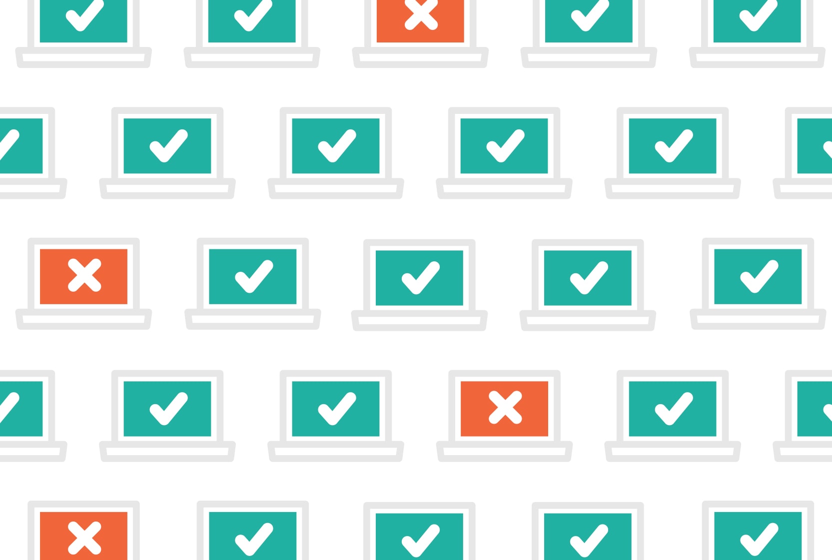 Rows of laptops with check marks and x's on the screens.