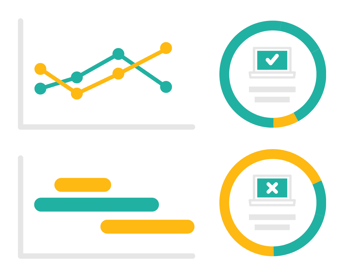 Illustrations of analytics charts and graphs.
