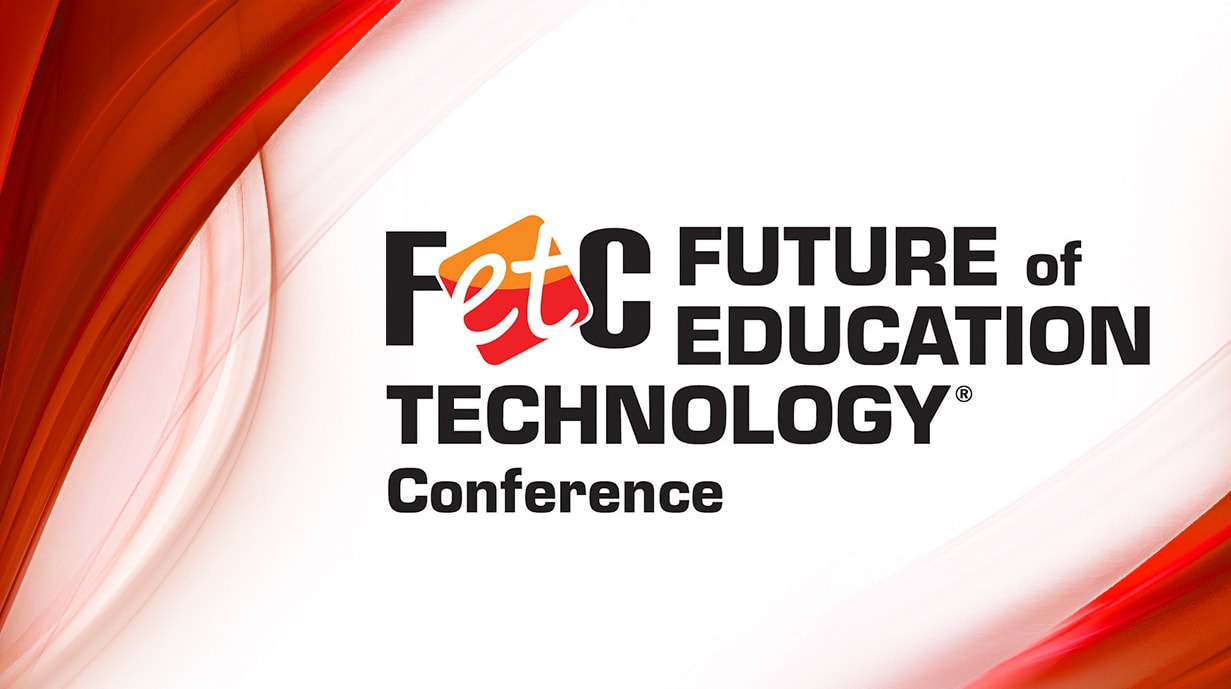 A logo with the text "FETC Future of Education Technology Conference" is set against a white background with flowing red and orange curved lines on the sides.
