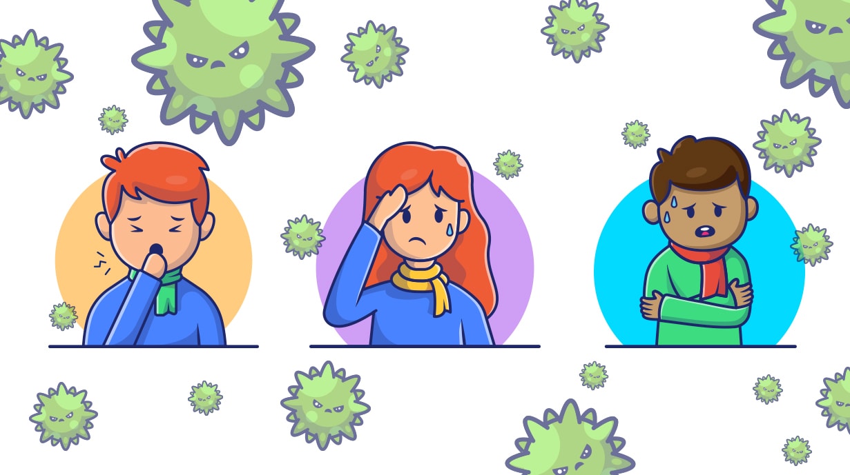 Three cartoon people with expressions of cold symptoms: one sneezing, one with a headache, and one shivering. They are surrounded by green germ illustrations on a white background.