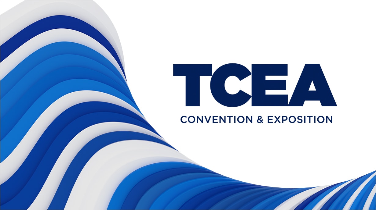 Blue and white waves curve dynamically on the left. Bold text reads "TCEA CONVENTION & EXPOSITION" on the right against a white background.