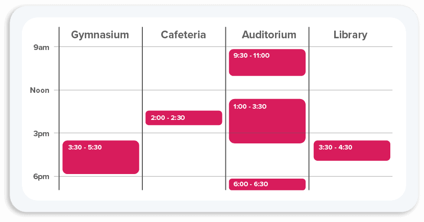 Illustrated calendar showing bookings by room.