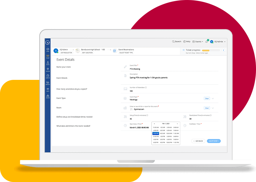 iiQ Events screen on laptop in front of dark red circle and yellow rectangle.