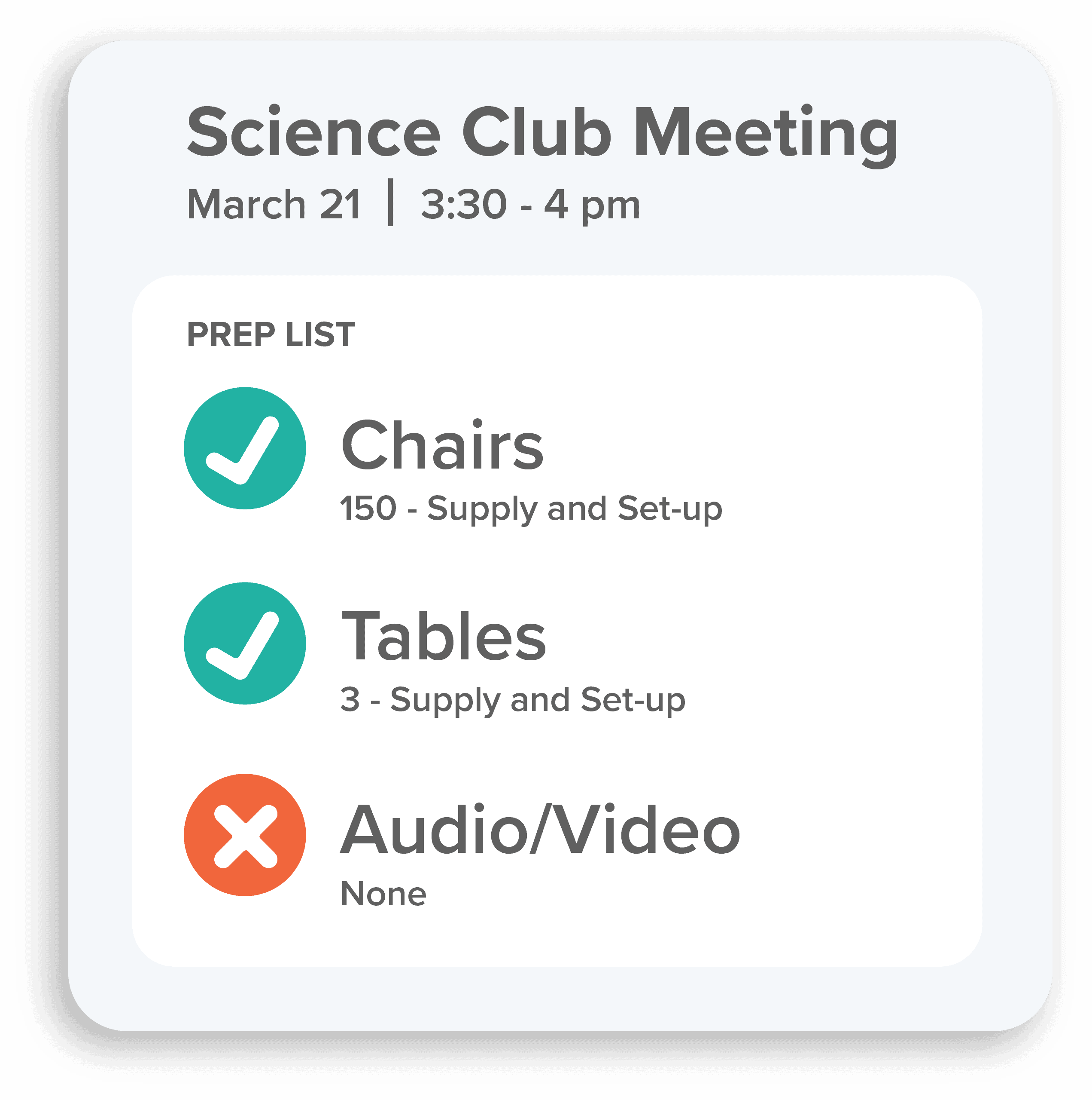 List of materials needed for an upcoming event.