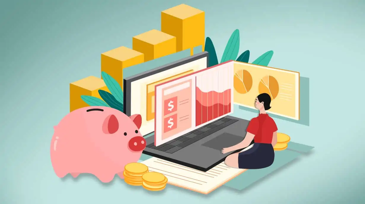 Illustration of woman sitting at large 3-D laptop with giant piggy bank and 3-D charts around her.