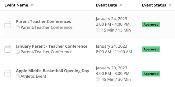 Screen grab of a list of approved event requests.