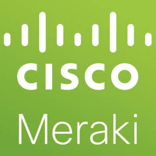 A green square logo with white text displays "cisco Meraki." Above "cisco," white vertical lines resemble a signal icon. The design conveys a technology-focused brand.