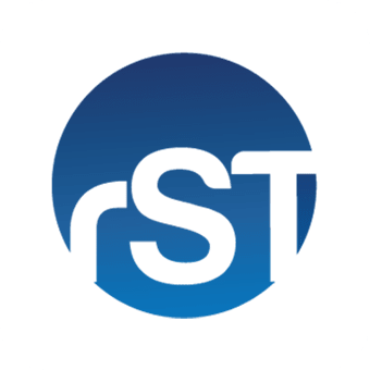 A logo with the letters "rST" is centered, overlapping a blue gradient circle, creating a modern, technological impression against a white background.