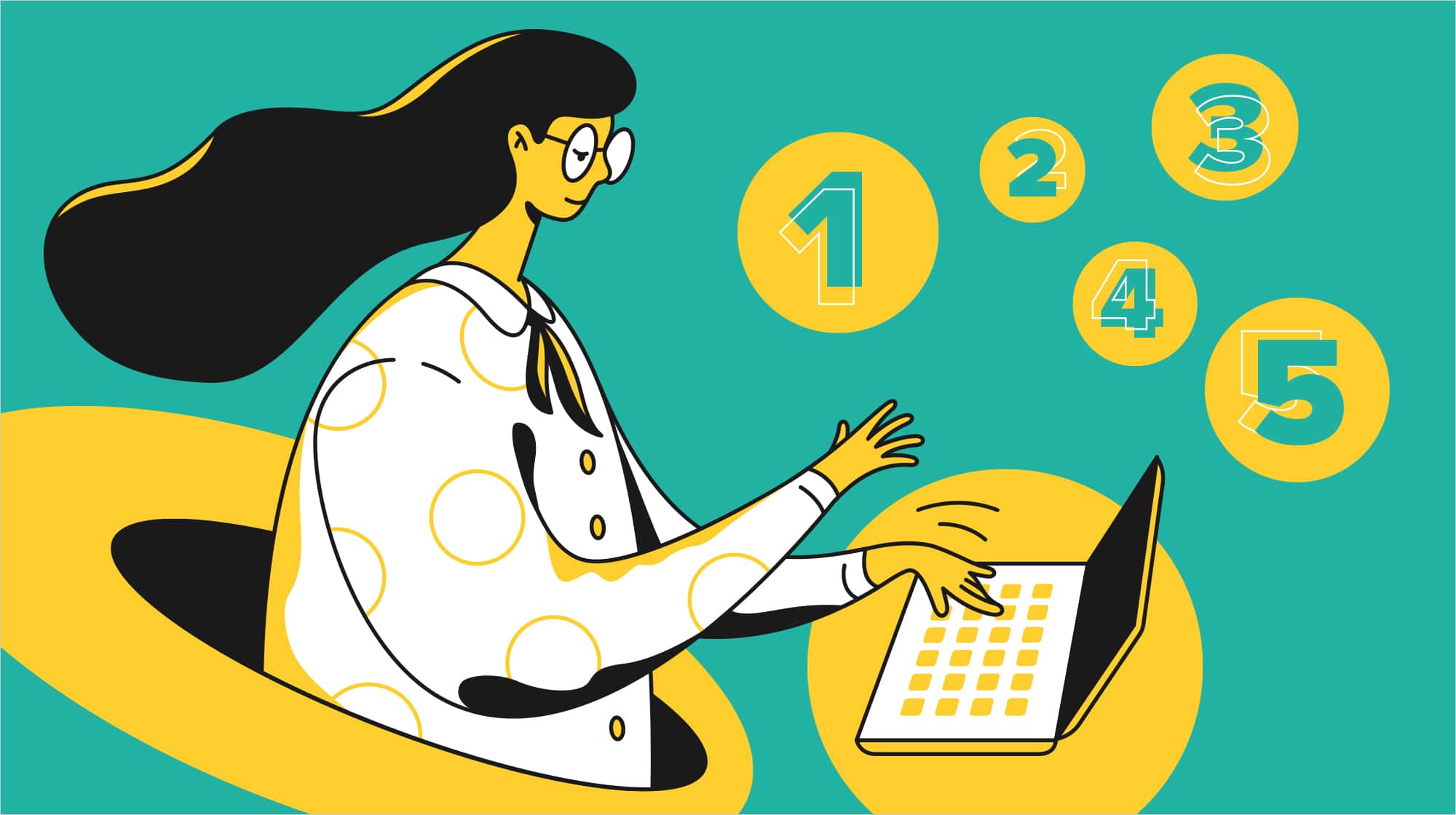 A stylized person types on a laptop, emerging from a yellow circle. Floating numbers 1 to 5 surround them against a teal background, suggesting a focus on technology or data.