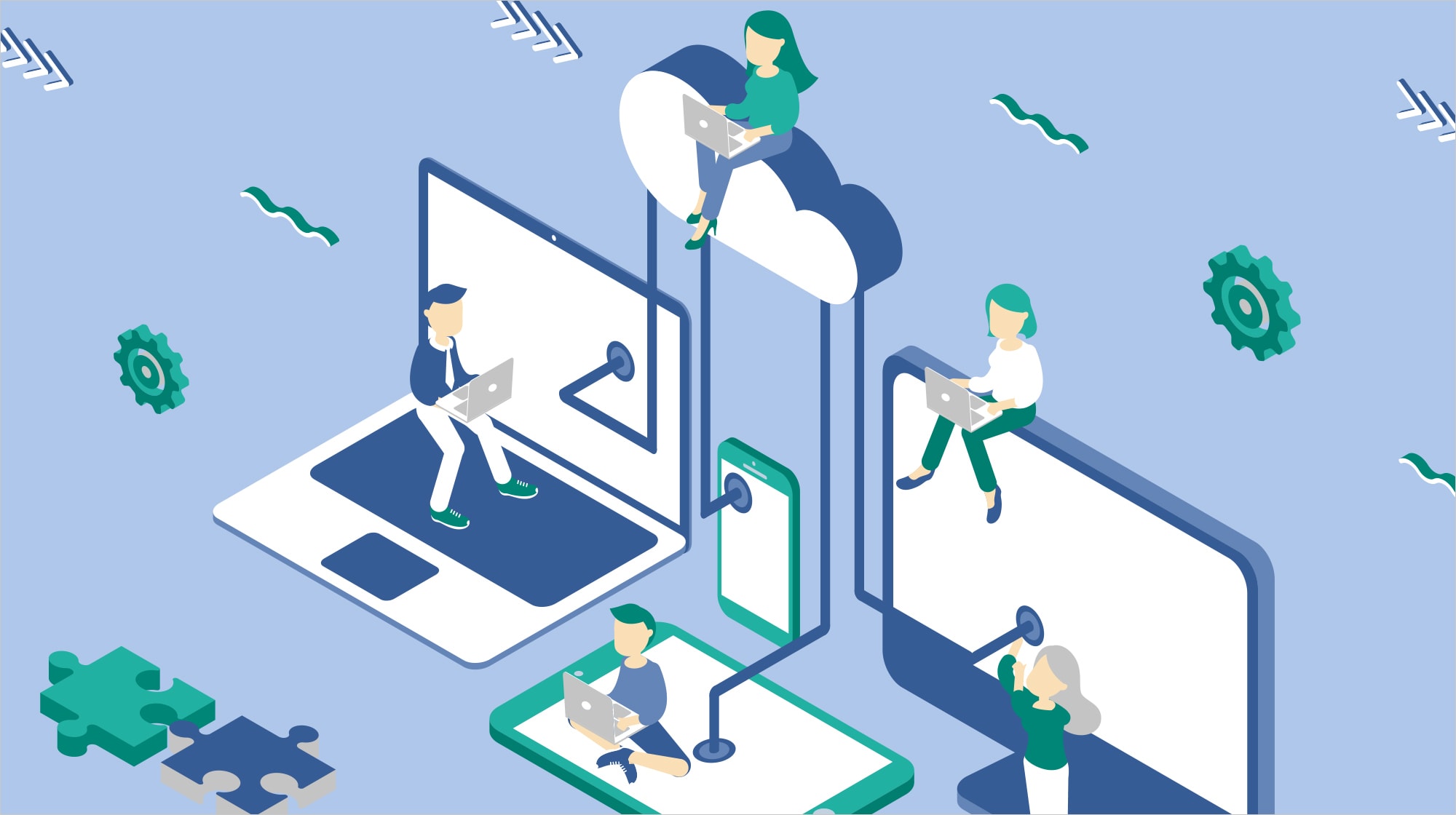 Illustration of diverse individuals using laptops while connecting to cloud-shaped servers through large devices, like laptops and phones, within a digital network environment featuring gears and puzzle pieces.