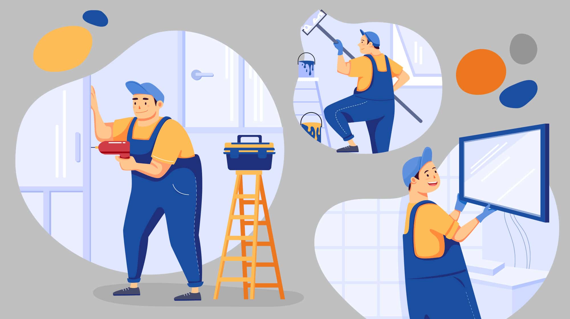 A person in overalls operates a drill, another paints a wall with a roller, and a third cleans a window. The scenes are set against a light, abstract background.