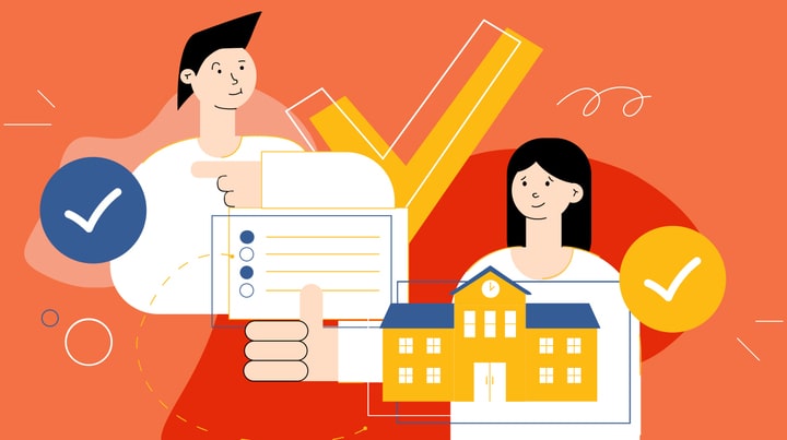 Two illustrated people interact with documents and a yellow building, surrounded by check marks and abstract shapes on an orange background.