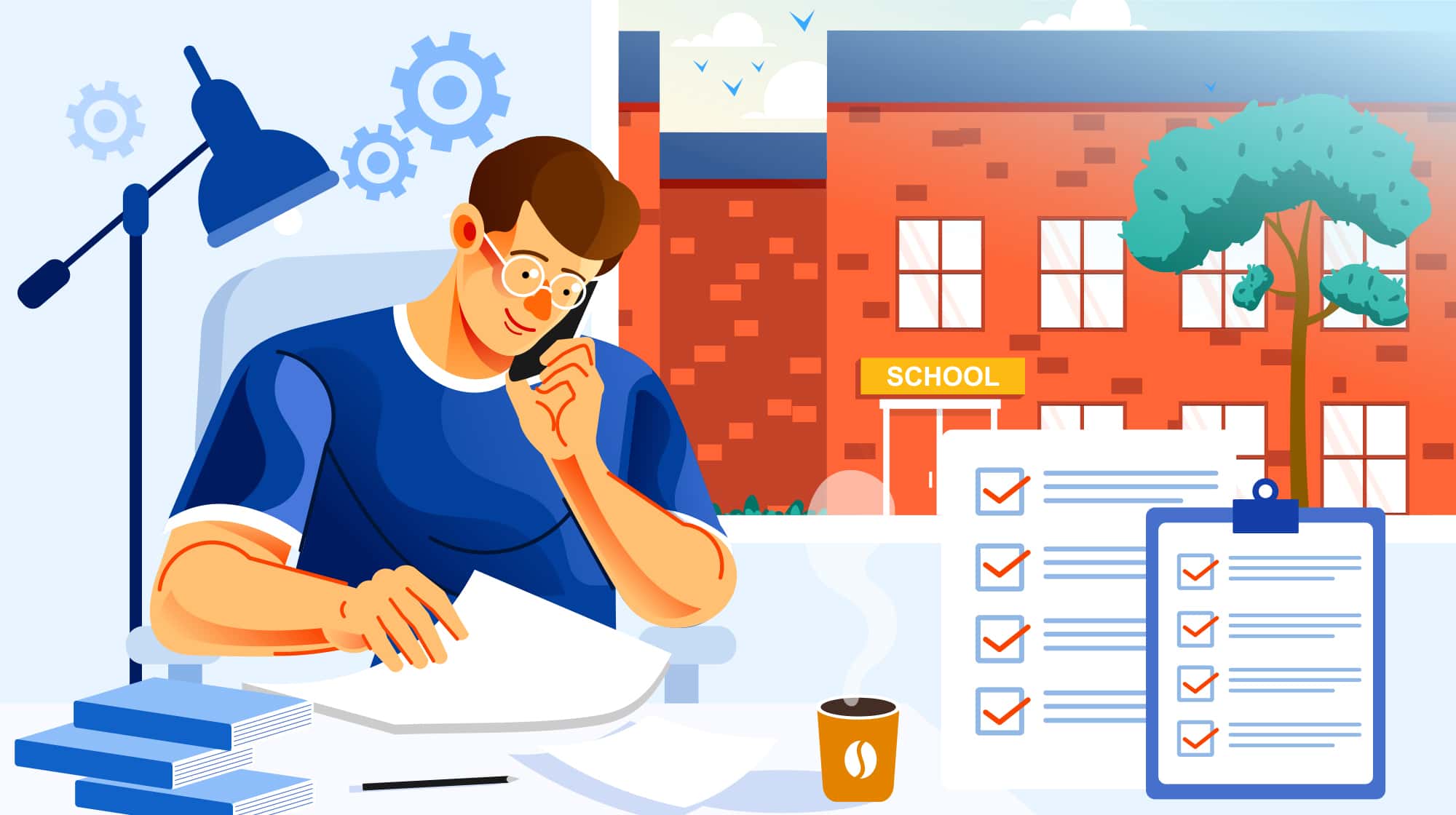 A person in a blue shirt talks on the phone while working with papers at a desk. In the background, a school building is visible, and a checklist is present.