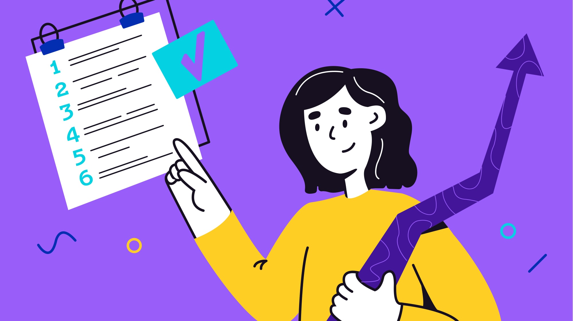 A person holds an upward-pointing arrow in one hand and gestures towards a clipboard with a checklist numbered 1 to 6, set against a purple background with abstract shapes.
