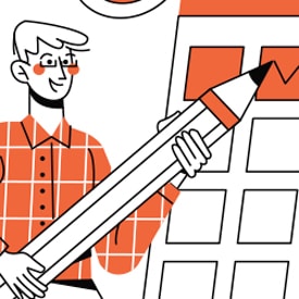 A person holds a large pencil, marking a checkbox on a chart. The setting is minimalistic, with a grid pattern and orange accents complementing the black and white outline.