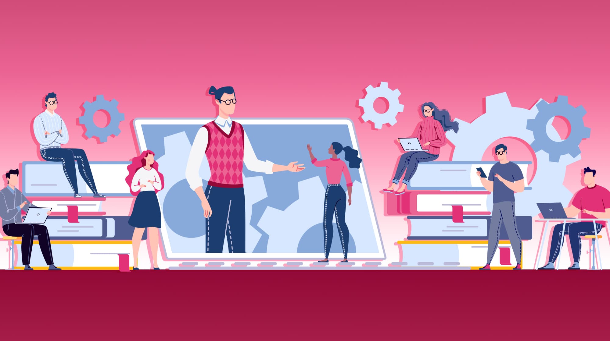 A digital instructor gestures from a large screen while individuals engage with laptops and phones, surrounded by oversized books and gears, suggesting a learning environment.