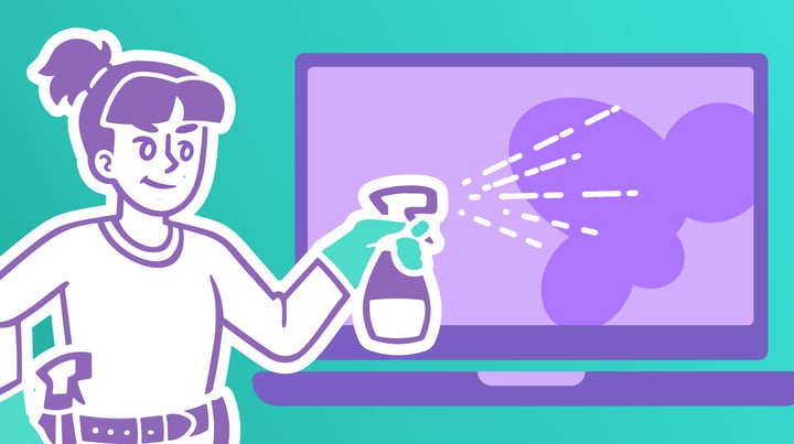 A person sprays cleaner onto a computer screen with a purple cloud symbol on it, set against a turquoise background.
