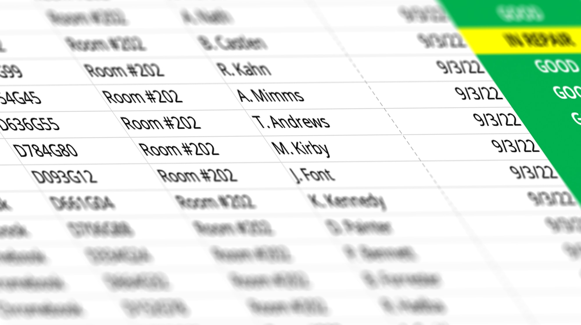 A spreadsheet displays various columns with text, including room numbers like "Room #202" and dates like "9/7/23". Green-highlighted cells contain the words "IN PROGRESS" and "GOOD".