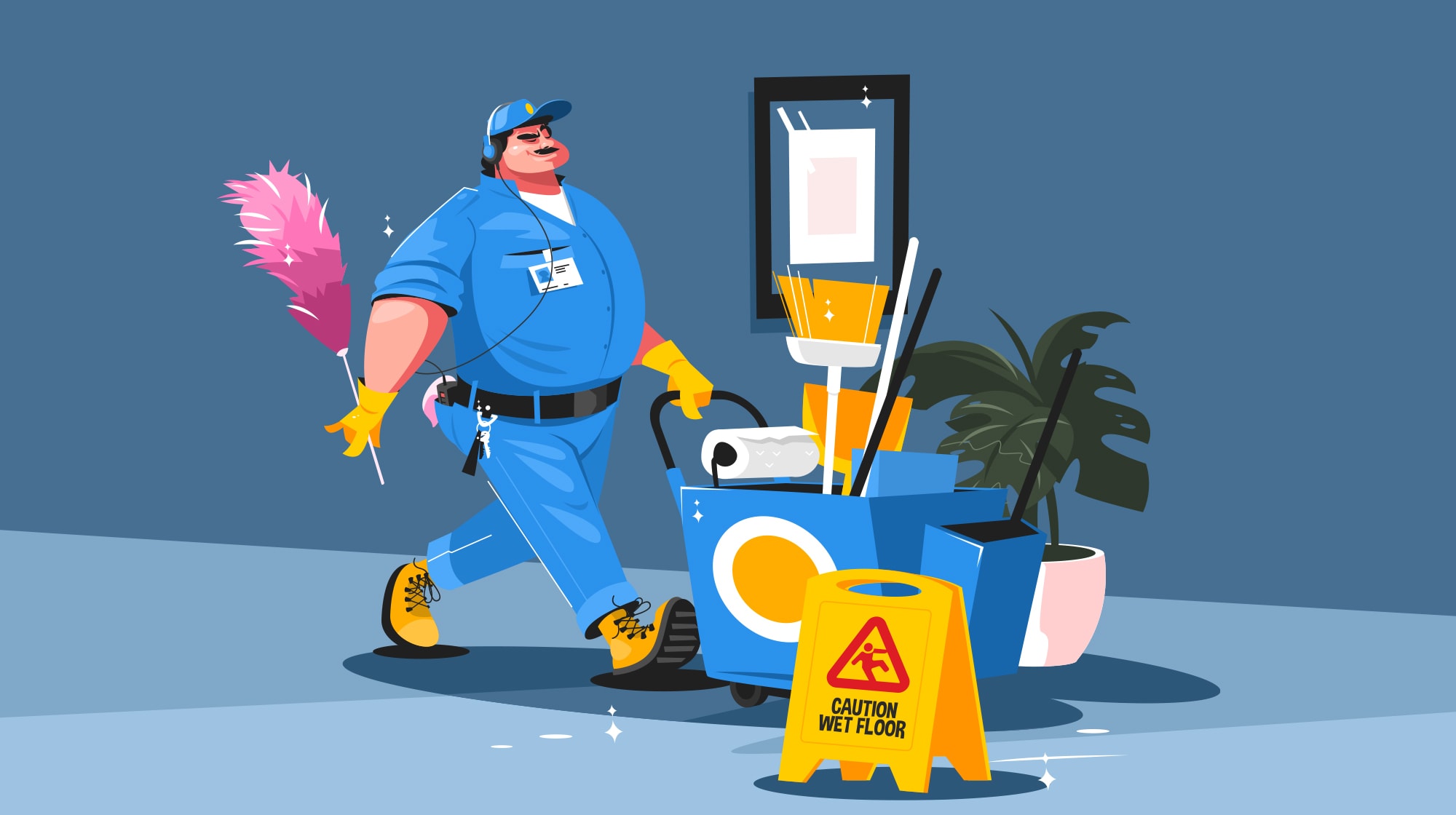 A K-12 Janitor with cleaning supplies