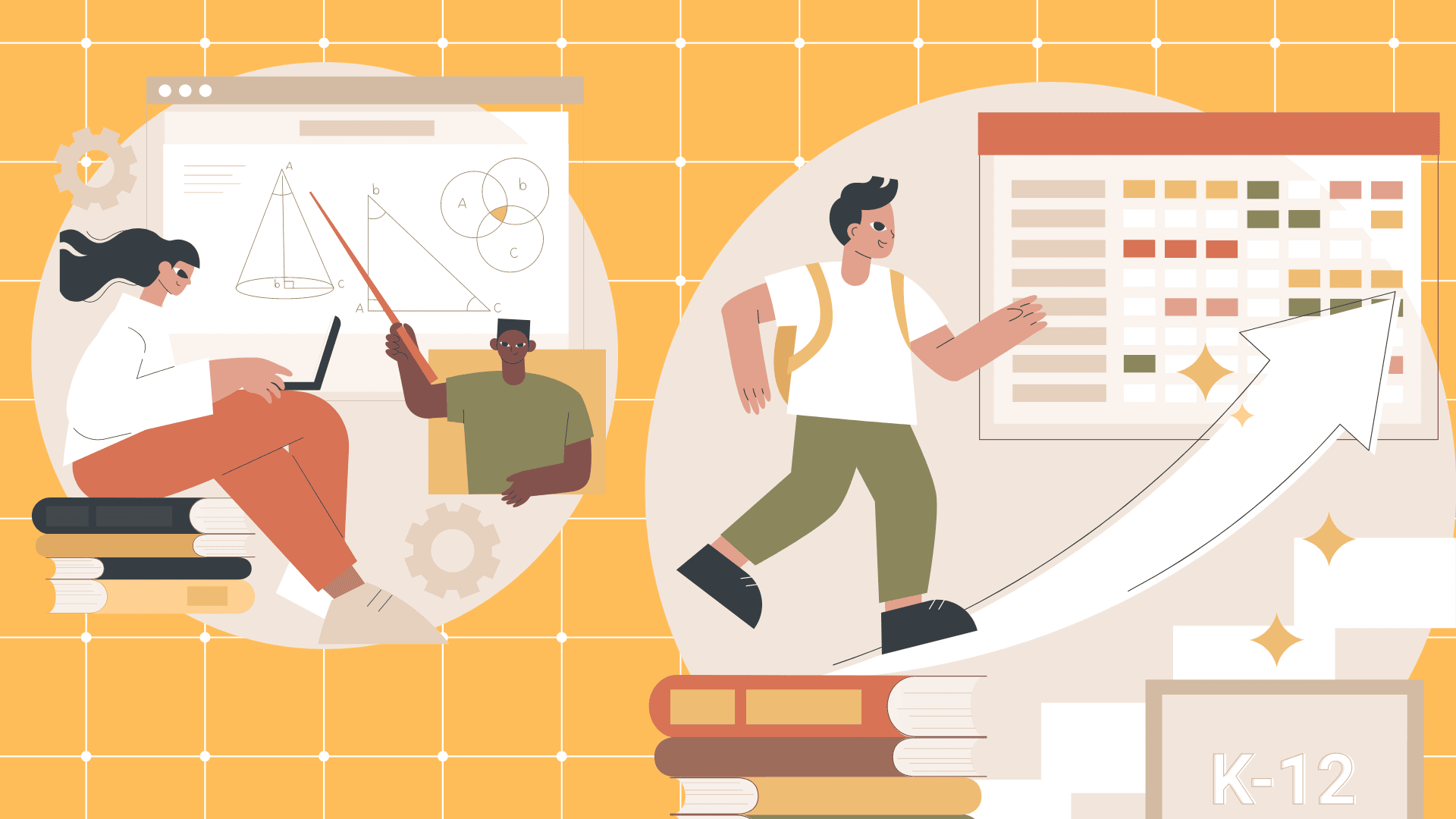 Graphic illustrating students studying and achieving success.