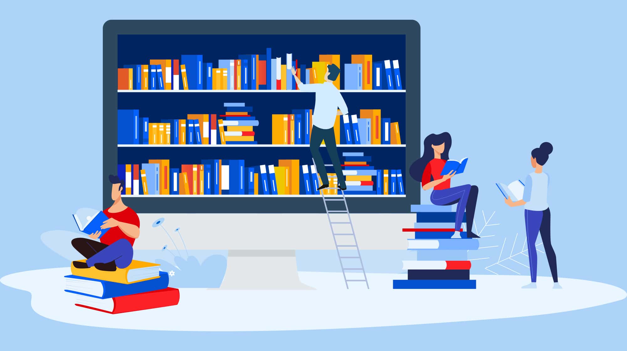 A large computer screen displays colorful digital bookshelves. People are interacting with books: one stands on a ladder, another sits on stacked books, while others read nearby.