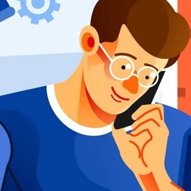 A person with glasses holding a phone to their ear, appearing to be talking, is depicted in a stylized illustration. The background features abstract gears, suggesting a technological context.