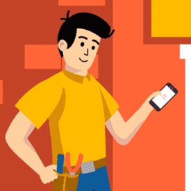A cartoon person holds a smartphone in one hand, wearing a yellow shirt and tool belt with tools. The background is a stylized red and orange wall with geometric shapes.
