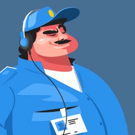 A cartoon man wearing a blue uniform and cap is listening to headphones. He has a mustache and a badge with an ID photo is clipped to his chest. The background is plain blue.