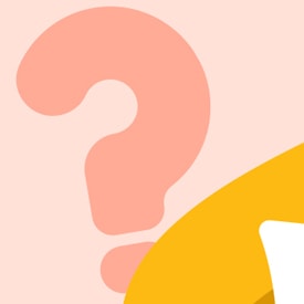 Pink question mark, static, set against a light peach background with a partially visible yellow shape on the right side.