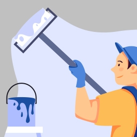 A person in a cap and gloves uses a paint roller on a wall. Nearby, a can of blue paint drips onto a white surface. The background is gray.