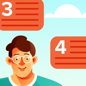 A cartoon person with glasses smiles, set against a blue sky with clouds. Numbered red text boxes labeled "3" and "4" are shown above to the left and right.