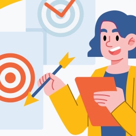 A person holds a clipboard and arrow, standing in front of target boards with bullseyes and checkmarks, wearing a yellow jacket in a cartoon-style illustration.